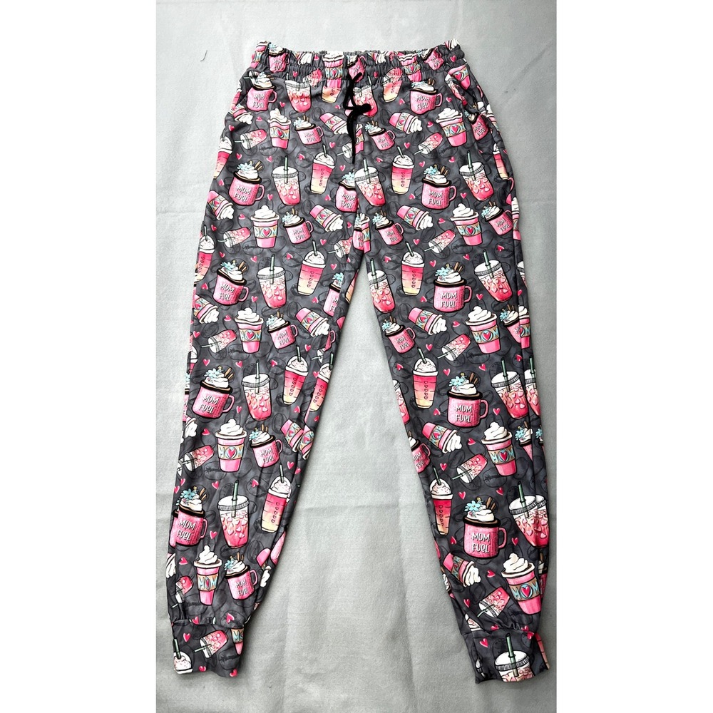 Mom Fuel Coffee Print Joggers Grey Pink Pants Women S/M Boss‎ Hustle